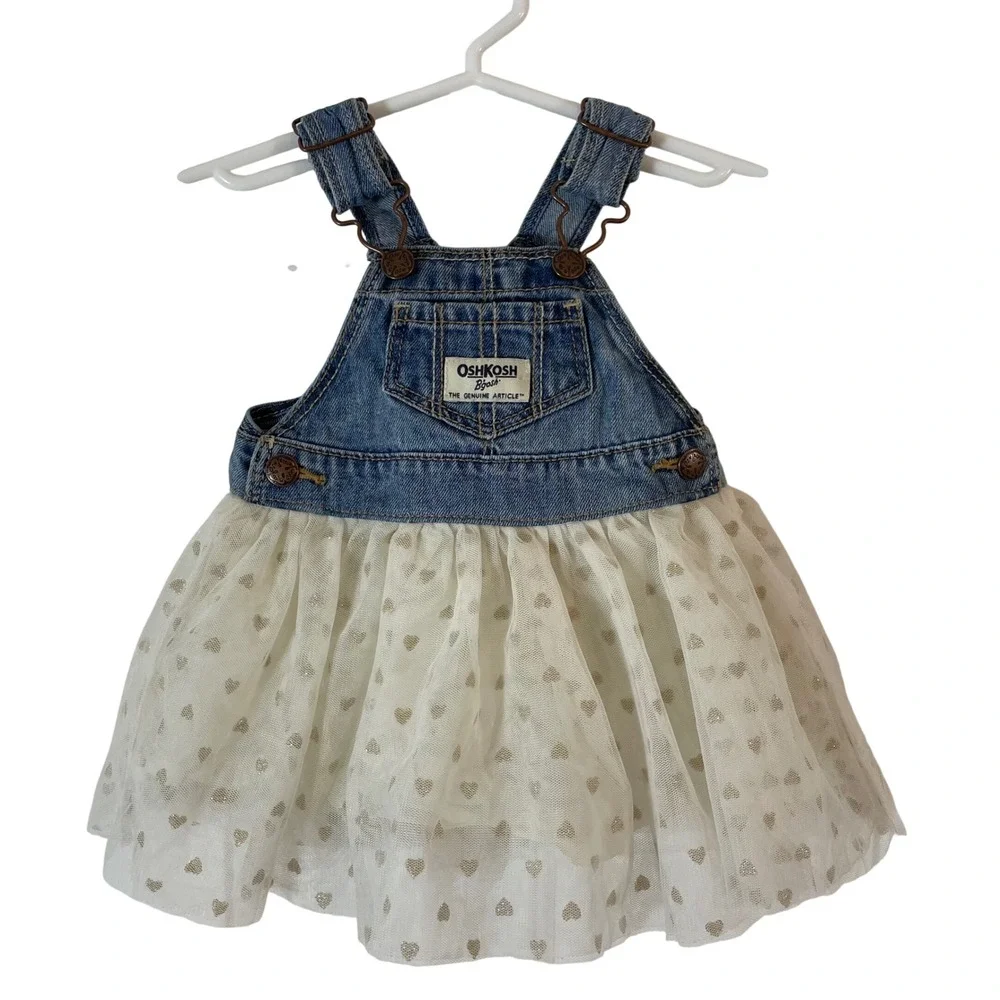 OshKosh Size 3M Overall Dress Blue Denim Ivory Tulle Glitter Heart Baby Girls